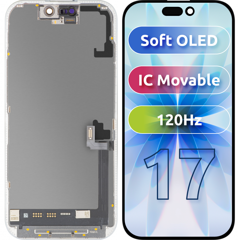 MP berøringsskjermdisplay kompatibelt med Apple iPhone 17, med ramme, Soft OLED FHD 120Hz IC flyttbar versjon, svart