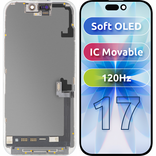 MP berøringsskjermdisplay kompatibelt med Apple iPhone 17, med ramme, Soft OLED FHD 120Hz IC flyttbar versjon, svart