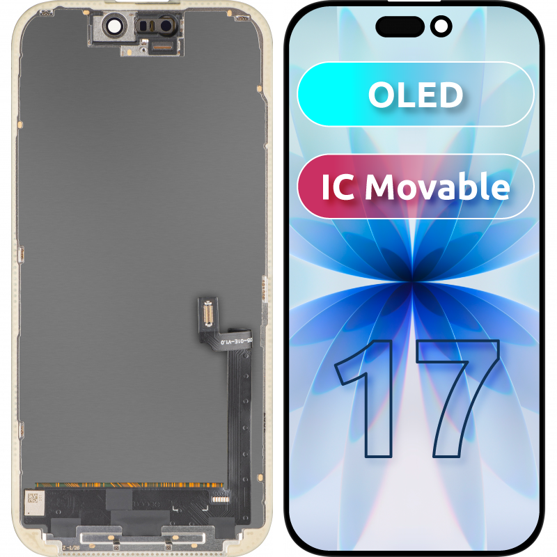 MP berøringsskjermdisplay kompatibelt med Apple iPhone 17, med ramme, OLED FHD IC Movable-versjon, svart