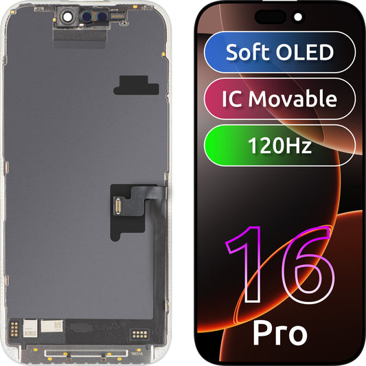 Display med MP Touchscreen kompatibel med Apple iPhone 16 Pro, med ramme, Soft OLED FHD 120Hz IC Movable versjon, Svart