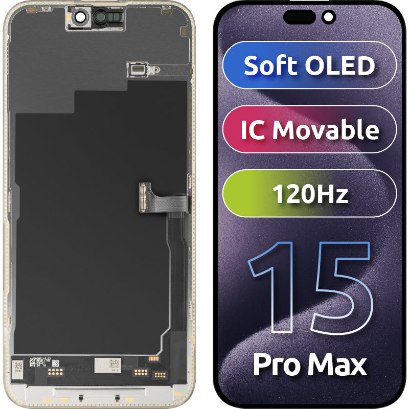 Display med MP Touchscreen kompatibel med Apple iPhone 15 Pro Max, med ramme, Soft OLED IC Movable 120Hz FHD-versjon, Svart