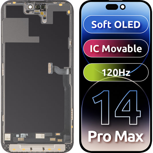 Display med MP Touchscreen kompatibel med Apple iPhone 14 Pro Max, med ramme, Soft OLED IC Movable 120Hz FHD-versjon, Svart