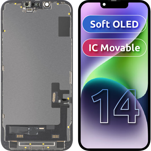 Display med MP Touchscreen kompatibel med Apple iPhone 14, med ramme, Soft OLED IC Movable FHD-versjon, Svart