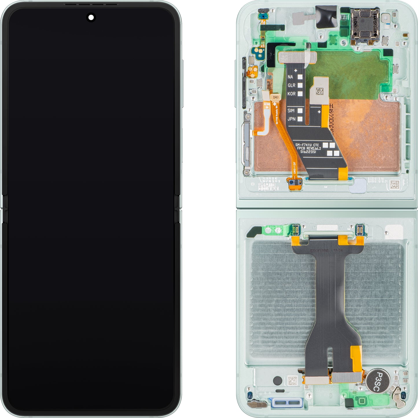 Display med Touchscreen Samsung Galaxy Z Flip6 F741, med ramme, Under Inner, Grønn (Mint), Servicepakke GH82-35014D