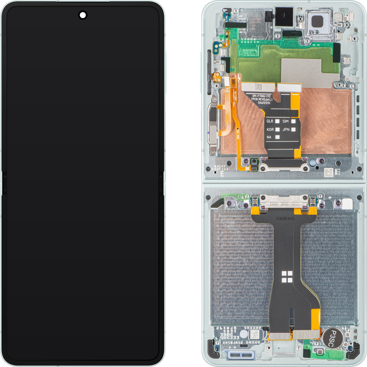 Samsung Galaxy Z Flip7 F766 berøringsskjermdisplay med ramme, under inner, grønn (mint), servicepakke GH82-37581E
