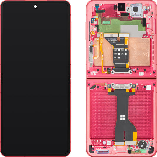 Samsung Galaxy Z Flip7 F766 berøringsskjermdisplay med ramme, underinner, korall (korallrød), servicepakke GH82-37581D