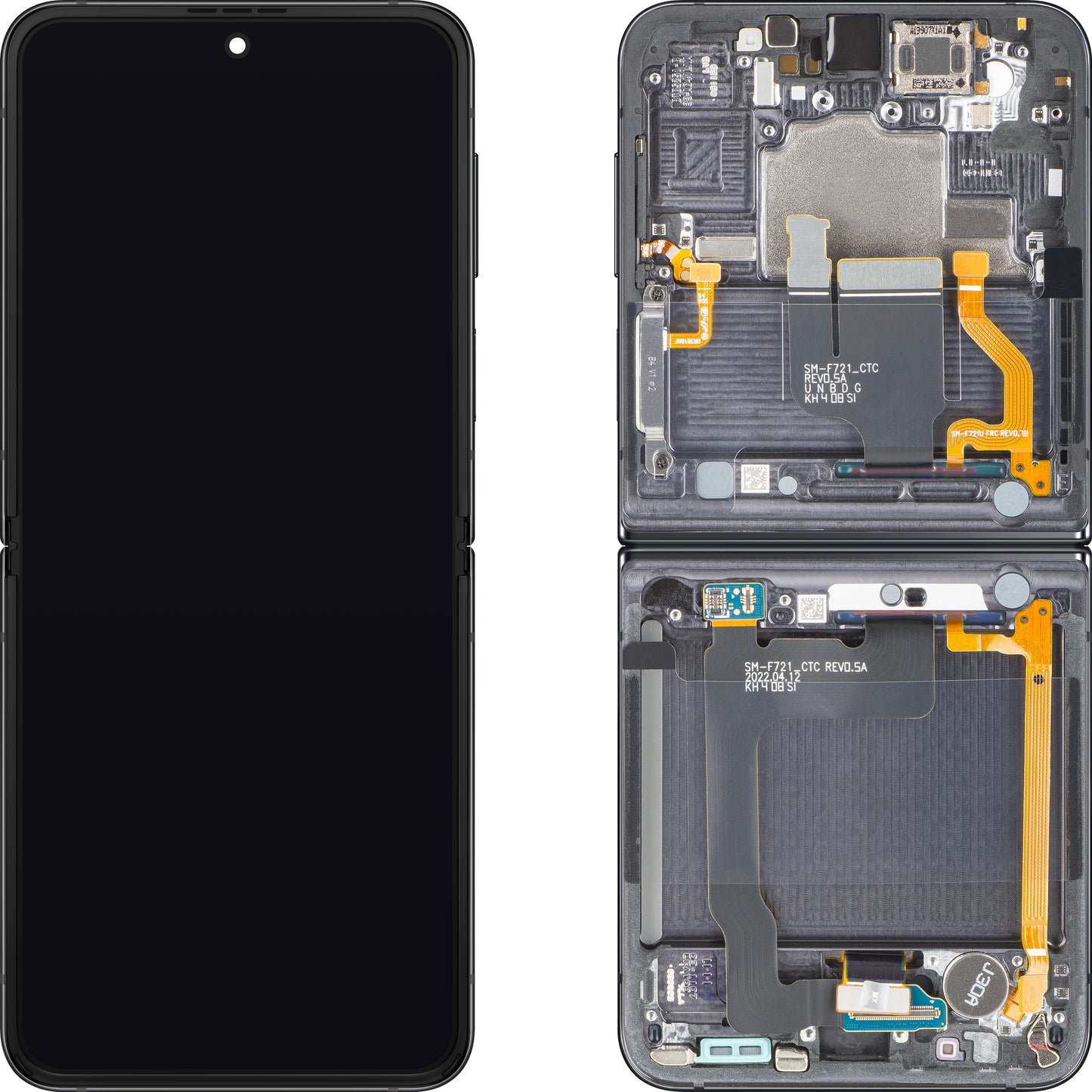 Samsung Galaxy Z Flip4 F721 berøringsskjermdisplay med ramme, under inner, grå (Graphite), servicepakke GH82-30238A
