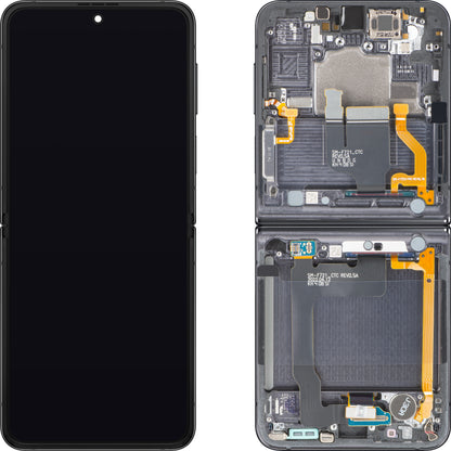 Samsung Galaxy Z Flip4 F721 berøringsskjermdisplay med ramme, under inner, grå (Graphite), servicepakke GH82-30238A