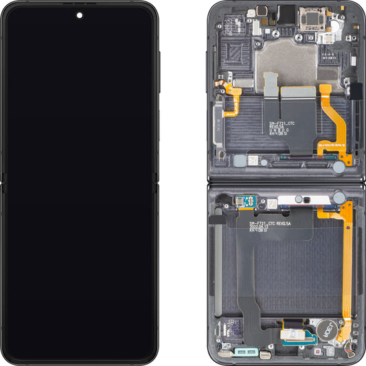 Samsung Galaxy Z Flip4 F721 berøringsskjermdisplay med ramme, under inner, grå (Graphite), servicepakke GH82-30238A