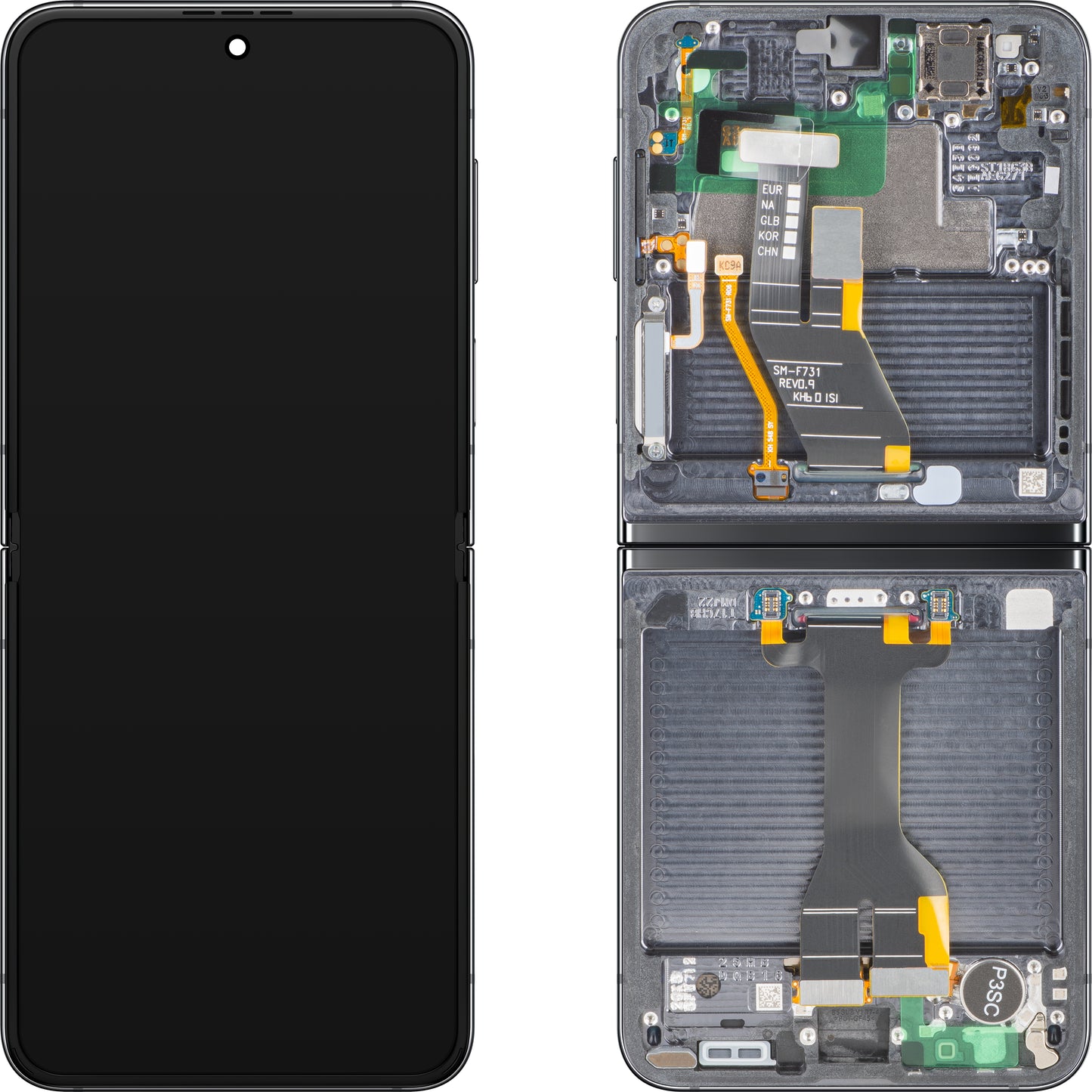 Display med Touchscreen Samsung Galaxy Z Flip5 F731, med ramme, Under Inner, Grå (Graphite), Service Pack GH82-31827A