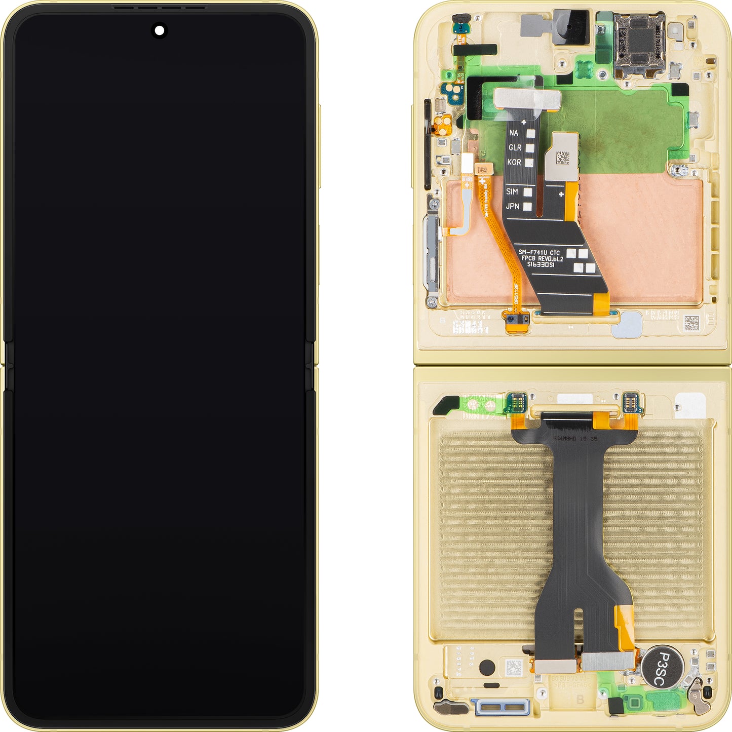 Samsung Galaxy Z Flip6 F741 berøringsskjermdisplay med ramme, underinner, gul, servicepakke GH82-35014B