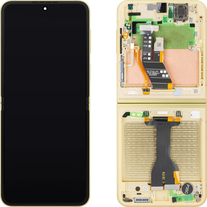 Samsung Galaxy Z Flip6 F741 berøringsskjermdisplay med ramme, underinner, gul, servicepakke GH82-35014B
