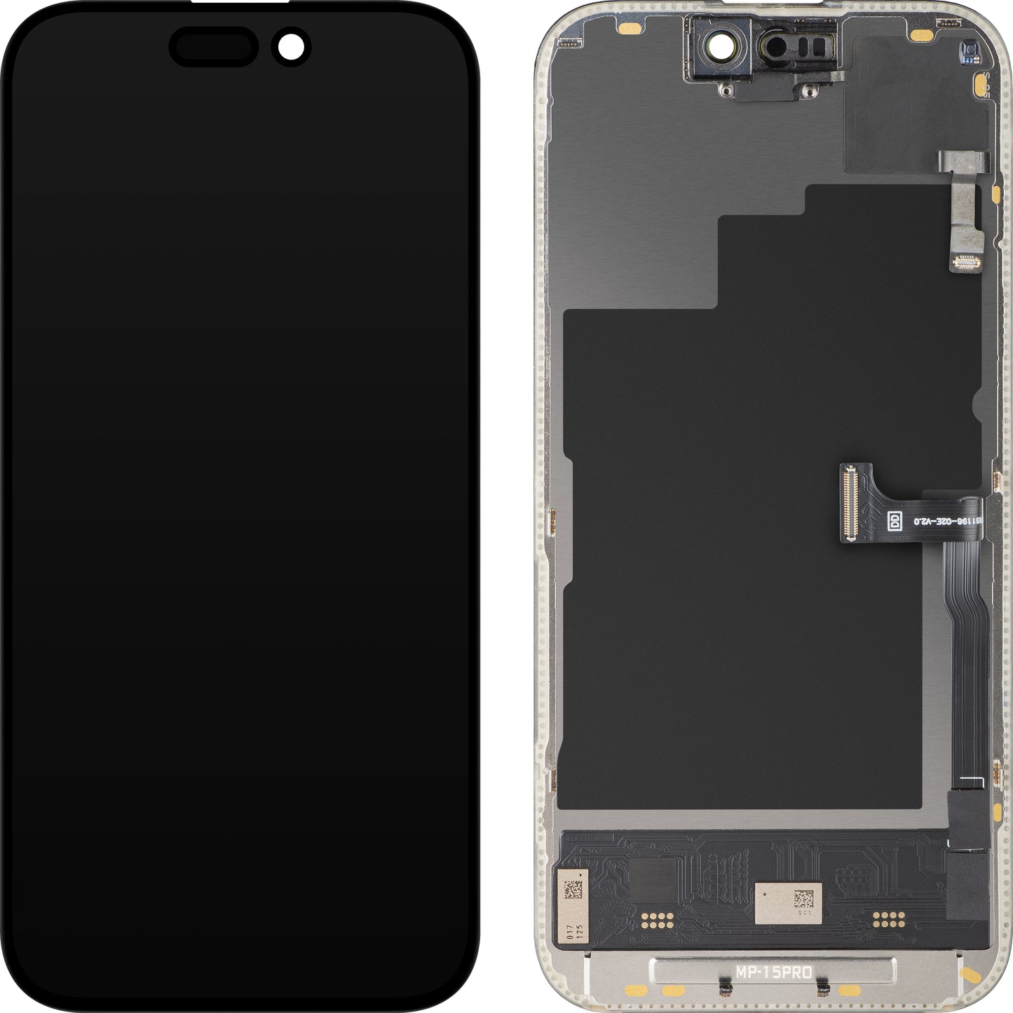 Touchskjermdisplay med nærhetssensor MP kompatibel med Apple iPhone 15 Pro, med ramme, OLED FHD 120Hz diagnostisk programvareversjon, svart