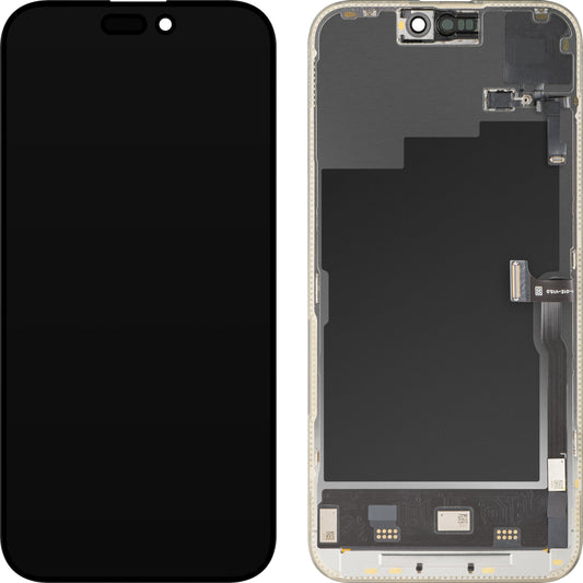 Touchskjermdisplay med nærhetssensor og lys MP kompatibel med Apple iPhone 15 Pro Max, med ramme, OLED FHD 120Hz diagnostisk programvareversjon, svart