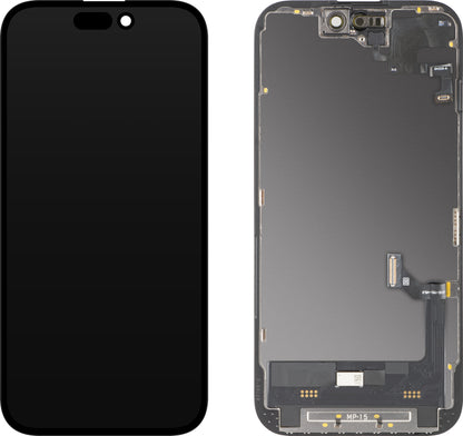 Display med berøringsskjerm og nærhetssensor MP kompatibel med Apple iPhone 15, med ramme, OLED FHD diagnostisk programvareversjon, svart