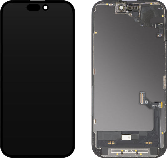 Berøringsskjermdisplay med lysnærhetssensor MP kompatibel med Apple iPhone 15, med ramme, OLED FHD diagnostisk programvareversjon, svart
