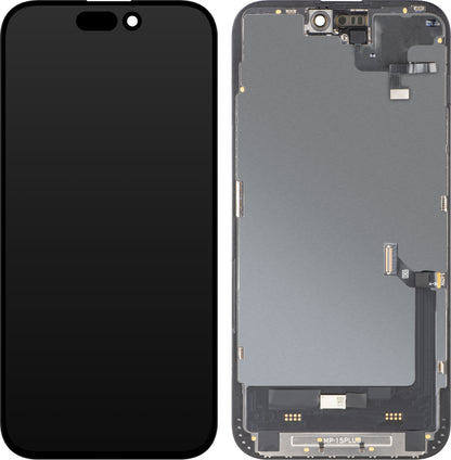 Berøringsskjermdisplay med nærhetssensor MP kompatibel med Apple iPhone 15 Plus, med ramme, OLED FHD diagnostisk programvareversjon, svart