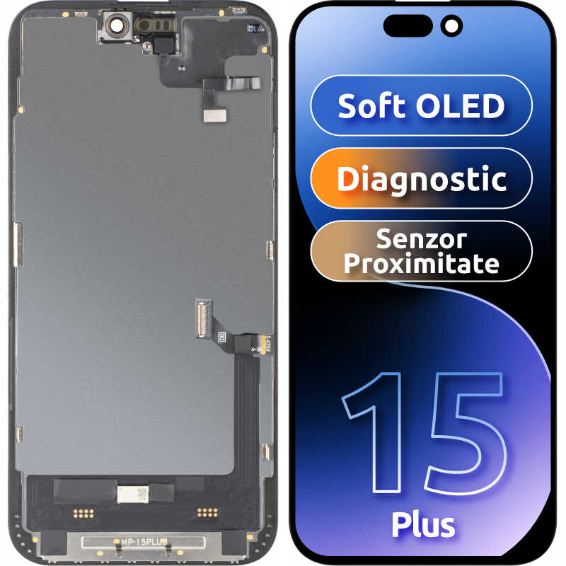 Berøringsskjermdisplay med nærhetssensor MP kompatibel med Apple iPhone 15 Plus, med ramme, OLED FHD diagnostisk programvareversjon, svart