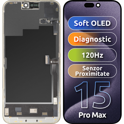 Berøringsskjerm og nærhetssensor MP kompatibel med Apple iPhone 15 Pro Max, med ramme, OLED FHD 120Hz diagnostisk programvareversjon, svart