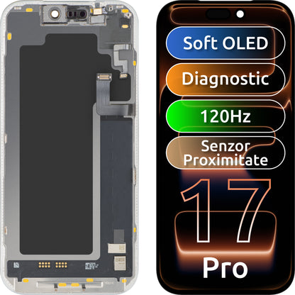Berøringsskjermdisplay med lysnærhetssensor MP kompatibel med Apple iPhone 17 Pro, med ramme, OLED FHD 120Hz diagnostisk programvareversjon, svart