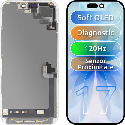 Display med berøringsskjerm og nærhetssensor MP kompatibel med Apple iPhone 17, med ramme, OLED FHD 120Hz diagnostisk programvareversjon, svart