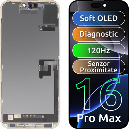 Berøringsskjerm og nærhetssensor MP-kompatibel med Apple iPhone 16 Pro Max, med ramme, OLED FHD 120Hz diagnostisk programvareversjon, svart
