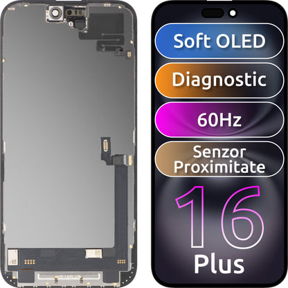 Touchskjermdisplay med nærhetssensor MP kompatibel med Apple iPhone 16 Plus, med ramme, OLED FHD diagnostisk programvareversjon, svart