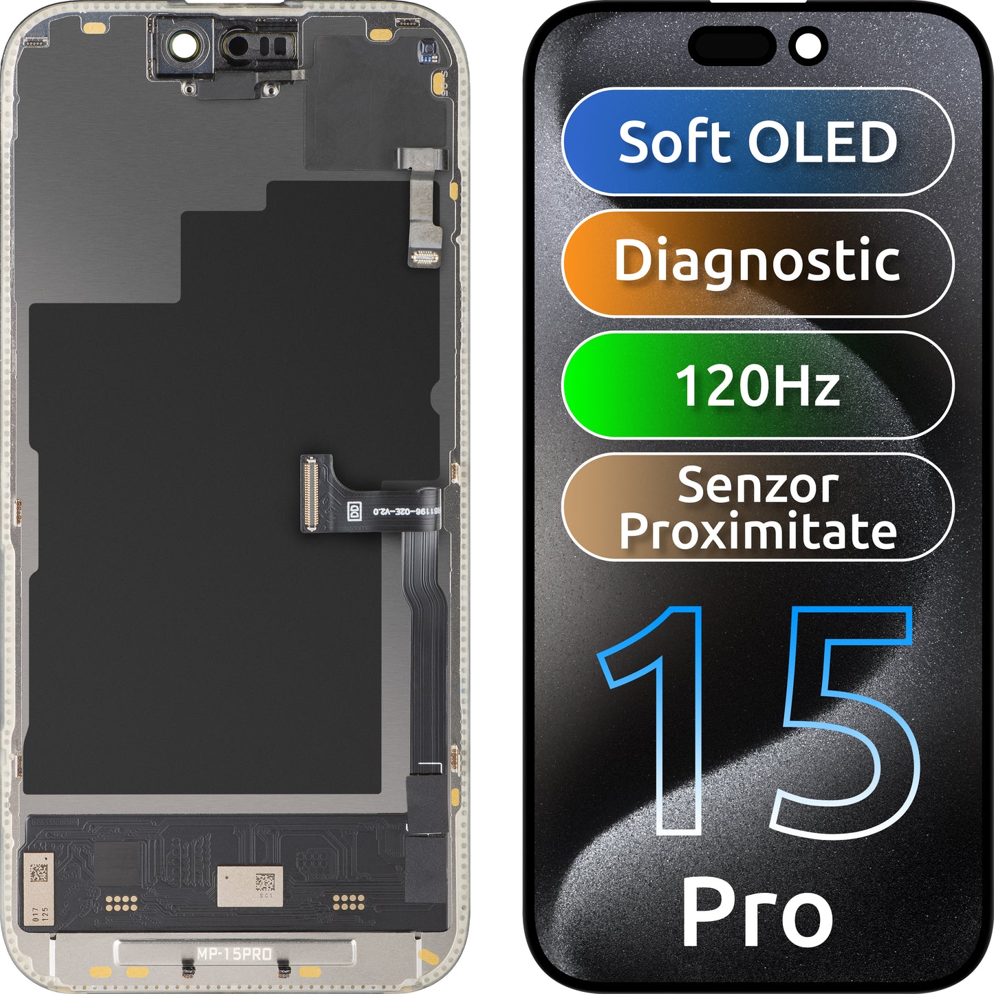 Touchskjermdisplay med nærhetssensor MP kompatibel med Apple iPhone 15 Pro, med ramme, OLED FHD 120Hz diagnostisk programvareversjon, svart