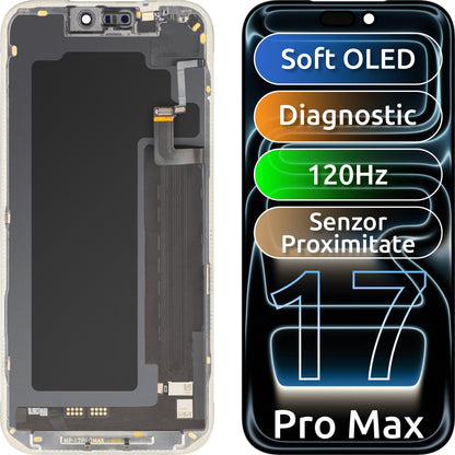 Touchskjermdisplay med lysnærhetssensor MP kompatibel med Apple iPhone 17 Pro Max, med ramme, OLED FHD 120Hz diagnostisk programvareversjon, svart