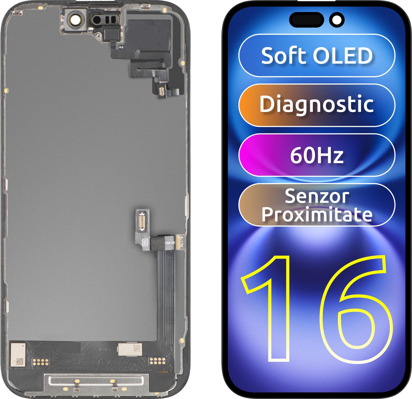 Display med berøringsskjerm og nærhetssensor MP kompatibel med Apple iPhone 16, med ramme, OLED FHD diagnostisk programvareversjon, svart