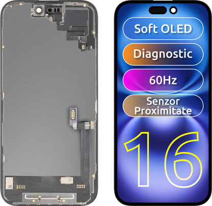 Display med berøringsskjerm og nærhetssensor MP kompatibel med Apple iPhone 16, med ramme, OLED FHD diagnostisk programvareversjon, svart