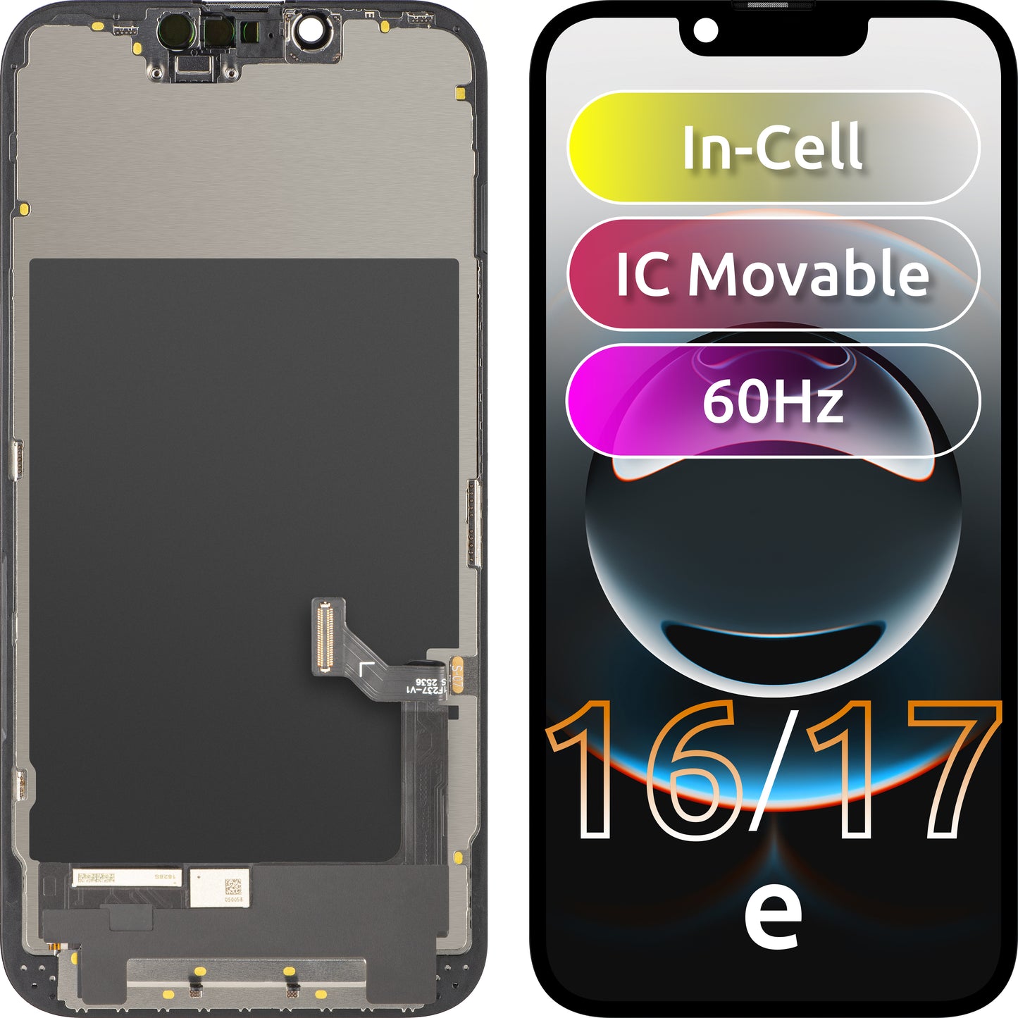 ZY berøringsskjermdisplay for Apple iPhone 17e / 16e, med ramme, LCD In-Cell IC flyttbar versjon, svart