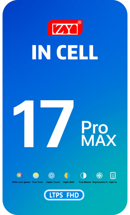 Display med ZY Touchscreen for Apple iPhone 17 Pro Max, med ramme, LCD In-Cell IC Movable versjon, Svart