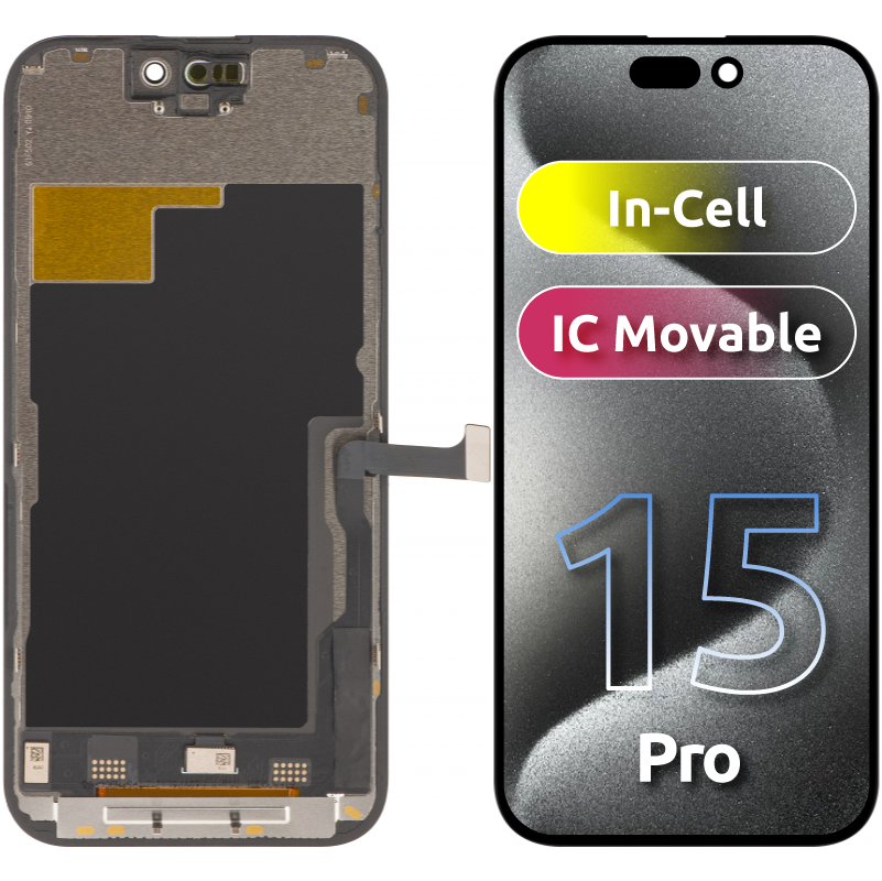 ZY berøringsskjerm for Apple iPhone 15 Pro, med ramme, In-Cell IC Movable LCD-versjon, svart 