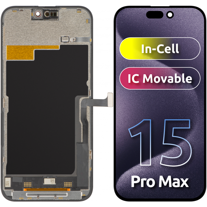 ZY berøringsskjerm for Apple iPhone 15 Pro Max, med ramme, In-Cell IC Movable LCD-versjon, svart 