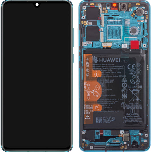 Display med Touchscreen for Huawei P30, med Ramme og Batteri, Blå (Aurora Blue), Servicepakke 02354HRH