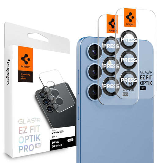 Beskyttelsesfilm for bakre kamera Spigen GlastR EZ FIT Optik Pro HD for Samsung Galaxy S25 S931, Herdet glass, Sett med 2 stykker, Svart AGL09092