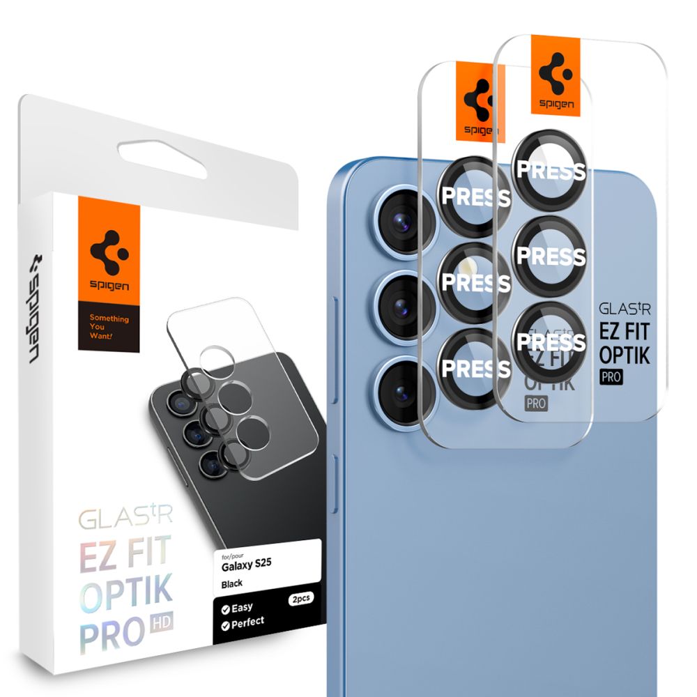 Beskyttelsesfilm for bakre kamera Spigen GlastR EZ FIT Optik Pro HD for Samsung Galaxy S25+ S936, Herdet glass, Sett med 2 stykker, Svart AGL09088