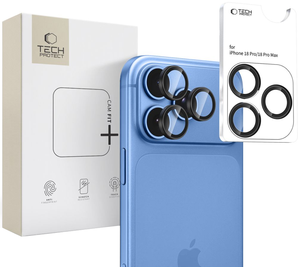 Beskyttelsesfilm for bakre kamera Tech-Protect CamRing Fit+ for Apple iPhone 18 Pro / 18 Pro Max, Herdet glass, Svart