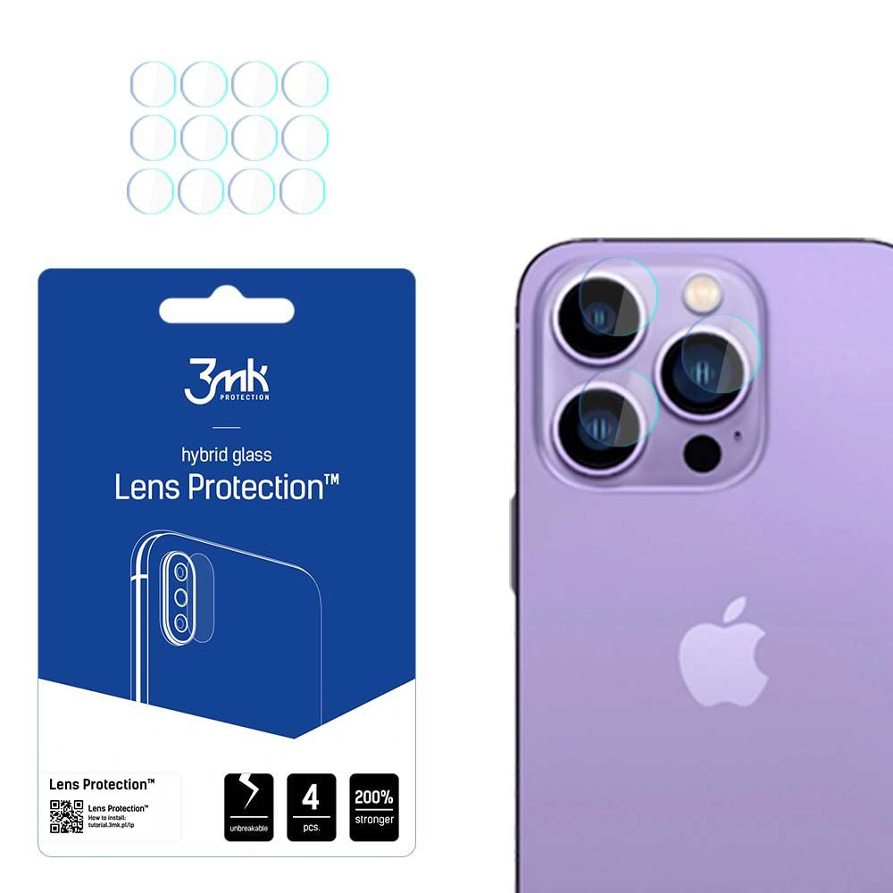 Bakre kameralinsebeskyttelse 3MK Protection for Apple iPhone 14 Pro Max / 14 Pro, fleksibelt glass, sett med 4 stk, transparent
