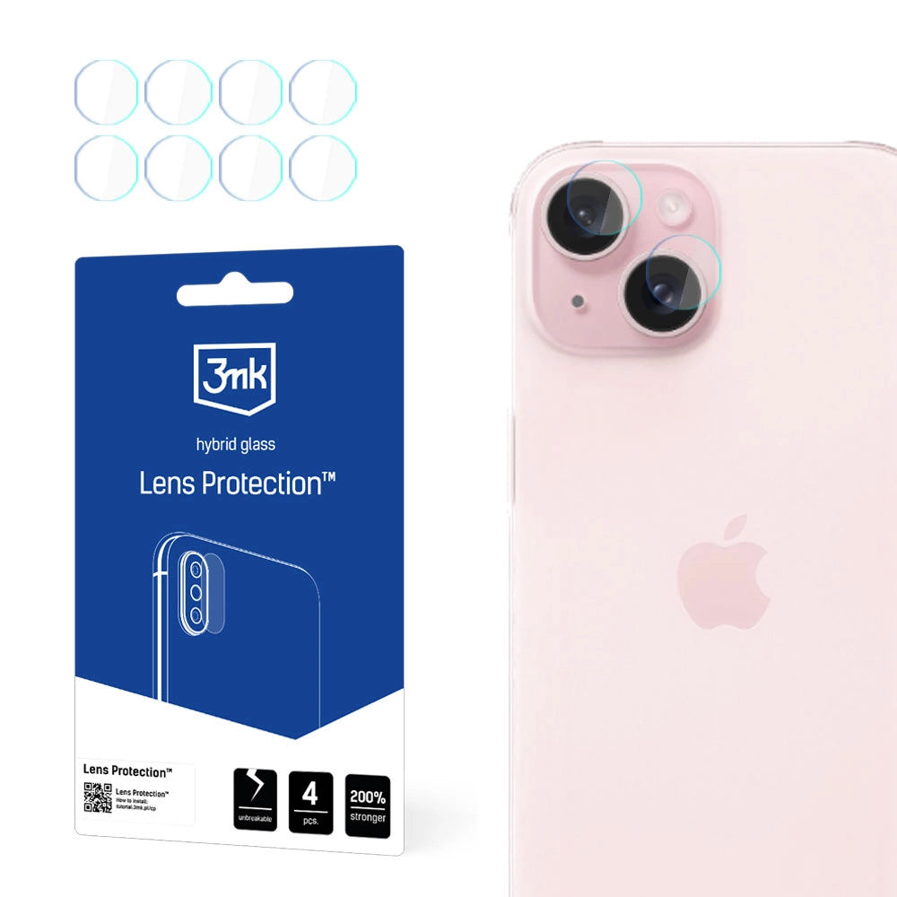 Bakre kameralinsebeskyttelse 3MK Protection for Apple iPhone 15, fleksibelt glass, sett med 4 stk, gjennomsiktig