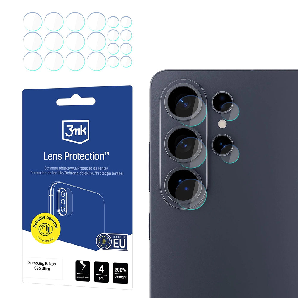 Bakre kamerabeskyttelsesfolie 3MK Protection for Samsung Galaxy S26 Ultra S948, Herdet glass, Sett med 4 stykker, Gjennomsiktig