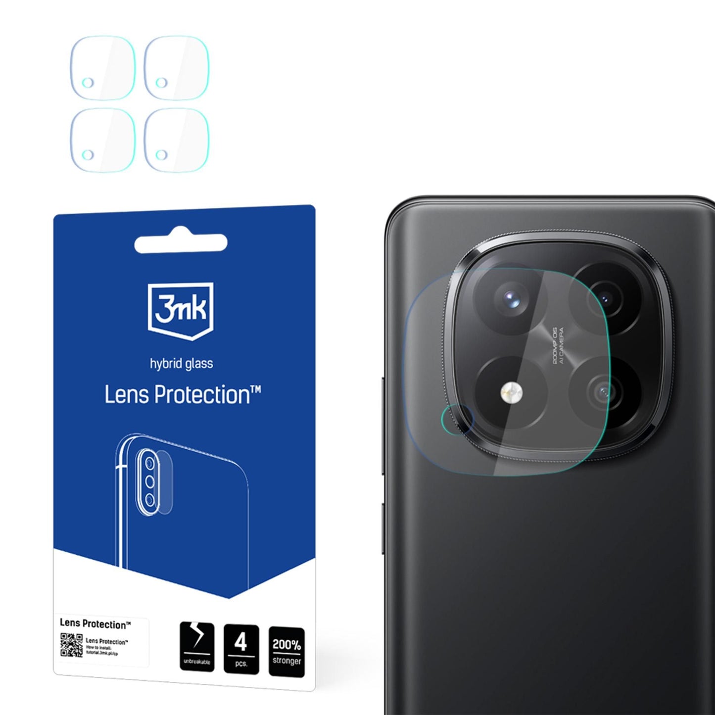 Bakre kameralinsebeskyttelse 3MK Protection for Xiaomi Redmi Note 14 Pro+ 5G, fleksibelt glass, sett med 4 stk, gjennomsiktig