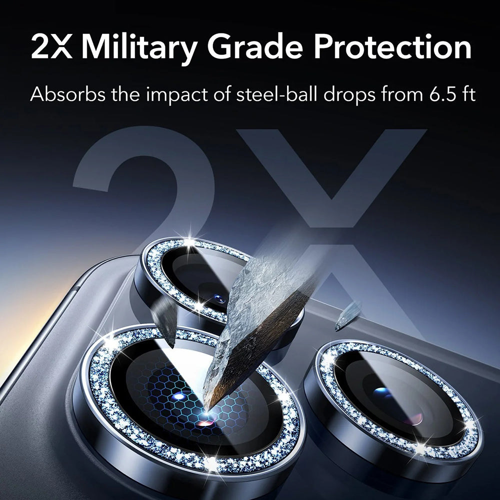 Bakre kamera beskyttelsesfilm ESR Glitter Diamond Armorite for Apple iPhone 17 Pro Max / 17 Pro, Herdet glass, Full lim, Blå