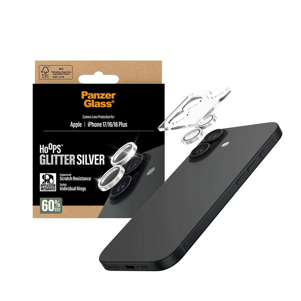 Bakre kamera beskyttelsesfilm PanzerGlass Hoops Glitter for Apple iPhone 17 / 16 Plus / 16, Herdet glass, Sølvfarget