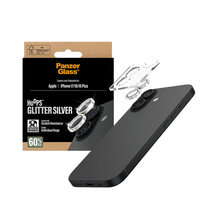 Bakre kamera beskyttelsesfilm PanzerGlass Hoops Glitter for Apple iPhone 17 / 16 Plus / 16, Herdet glass, Sølvfarget