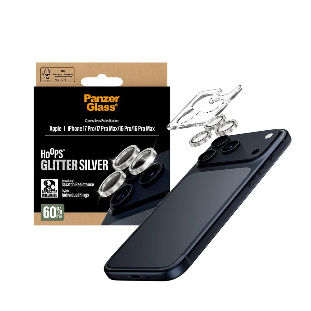 Bakre kamera beskyttelsesfilm PanzerGlass Hoops Glitter for Apple iPhone 17 Pro Max / 17 Pro / 16 Pro Max / 16 Pro, Herdet glass, Sølv