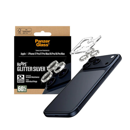 Bakre kamera beskyttelsesfilm PanzerGlass Hoops Glitter for Apple iPhone 17 Pro Max / 17 Pro / 16 Pro Max / 16 Pro, Herdet glass, Sølv