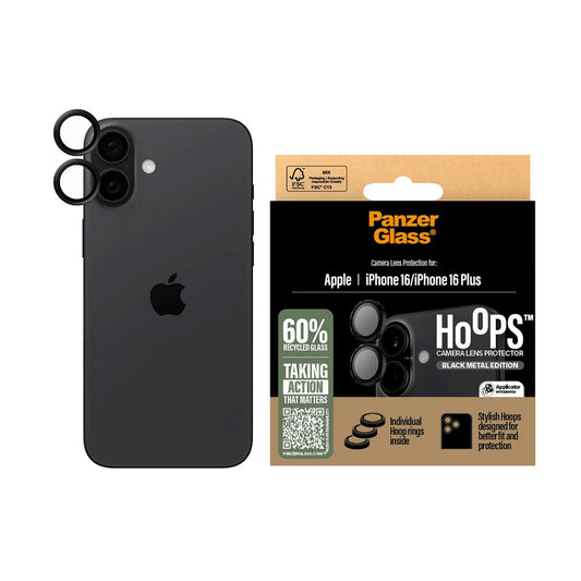 Bakre kamera beskyttelsesfilm PanzerGlass Hoops for Apple iPhone 16 Plus / 16, Herdet glass, Svart