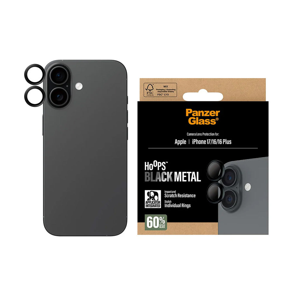 Bakre kamera beskyttelsesfilm PanzerGlass Hoops for Apple iPhone 17 / 16 Plus / 16, Herdet glass, Svart